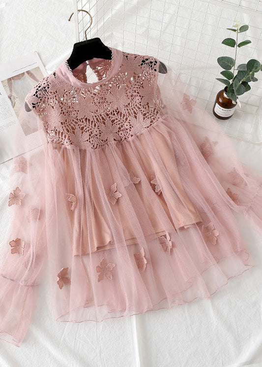 Pink Patchwork Tulle Two Pieces Set Embroideried Floral Spring LY1398