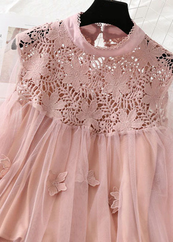 Pink Patchwork Tulle Two Pieces Set Embroideried Floral Spring LY1398