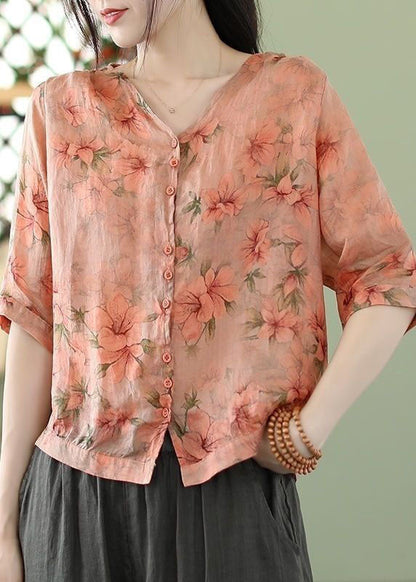 Pink Print Linen Shirt Tops V Neck Oversized Summer FR2002