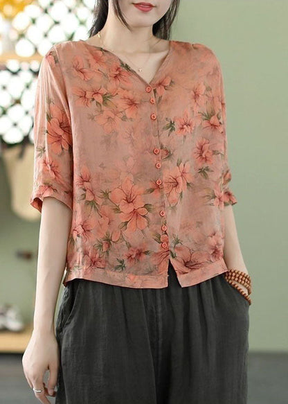 Pink Print Linen Shirt Tops V Neck Oversized Summer FR2002