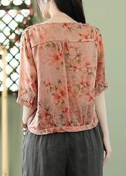 Pink Print Linen Shirt Tops V Neck Oversized Summer FR2002