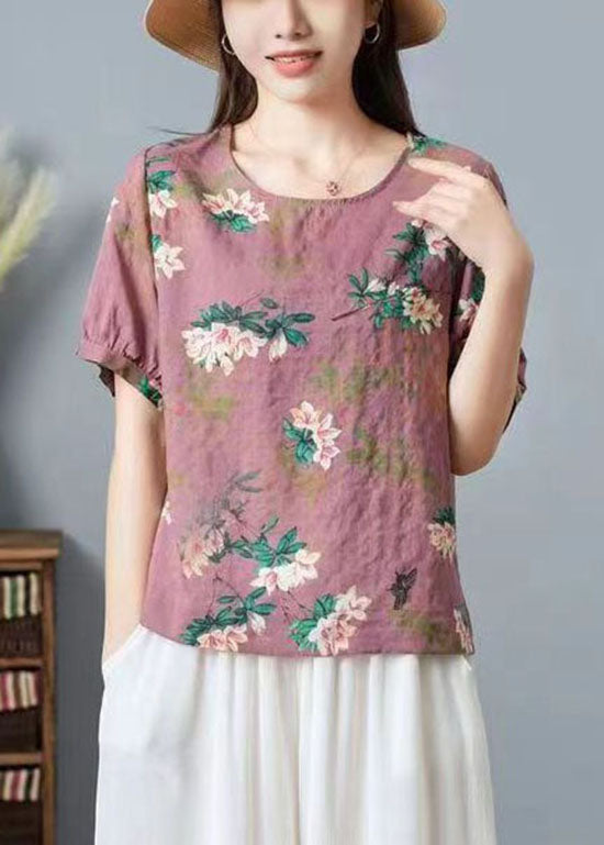 Pink Print Patchwork Cotton T Shirt Top O Neck Wrinkled Summer TP1012