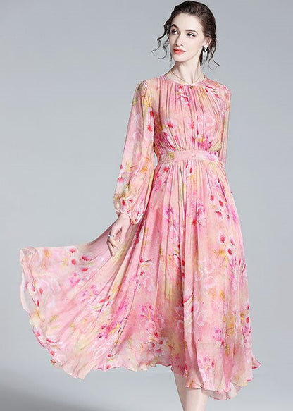 Pink Print Patchwork Silk Dresses O Neck Wrinkled Summer TI1057