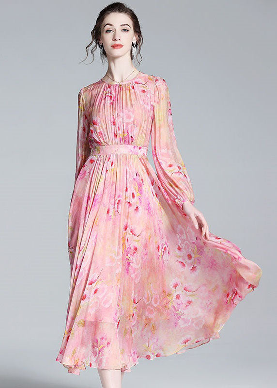 Pink Print Patchwork Silk Dresses O Neck Wrinkled Summer TI1057