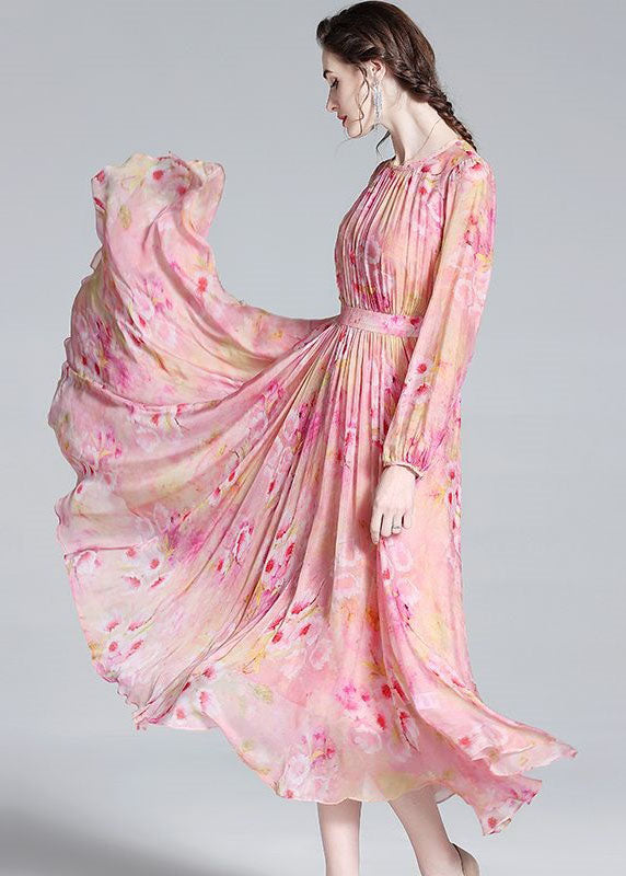 Pink Print Patchwork Silk Dresses O Neck Wrinkled Summer TI1057