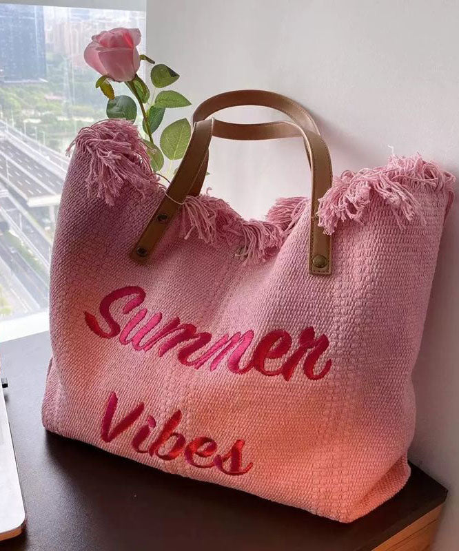 Pink Tassel Patchwork Letter Embroidery Canvas Tote Handbag LY1387
