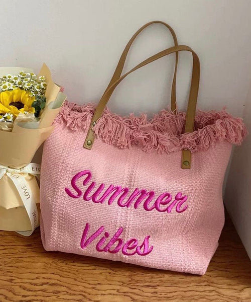 Pink Tassel Patchwork Letter Embroidery Canvas Tote Handbag LY1387