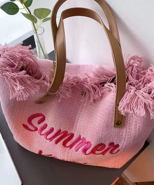 Pink Tassel Patchwork Letter Embroidery Canvas Tote Handbag LY1387