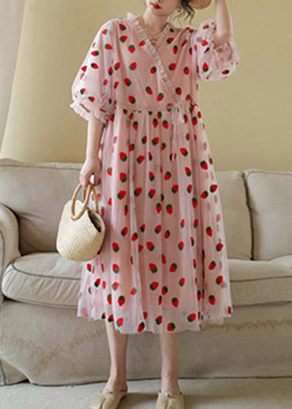 Pink V Neck Print Tulle Long Dress Short Sleeve TI1009