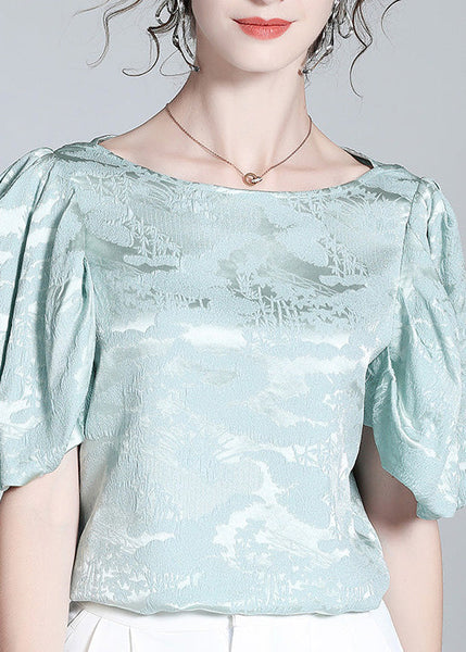 Plus Size Baby Blue O-Neck Jacquard Silk Top Puff Sleeve LY1028
