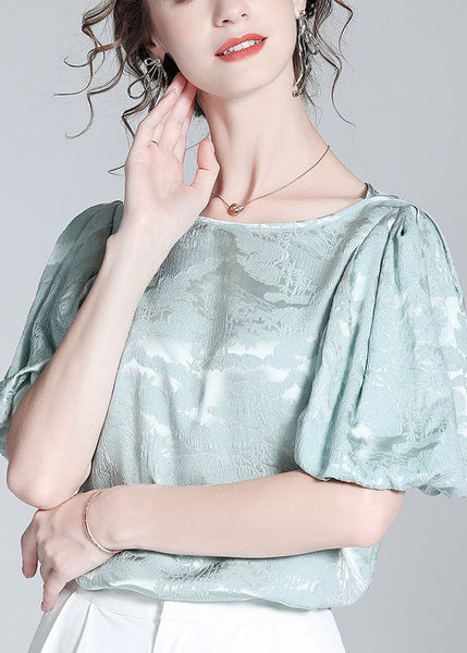 Plus Size Baby Blue O-Neck Jacquard Silk Top Puff Sleeve LY1028