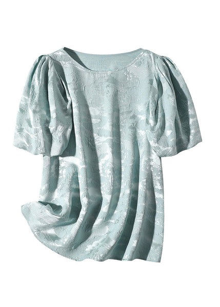 Plus Size Baby Blue O-Neck Jacquard Silk Top Puff Sleeve LY1028