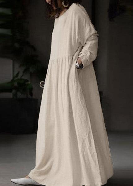 Plus Size Beige O Neck Wrinkled Patchwork Cotton Maxi Dress Spring LC0436
