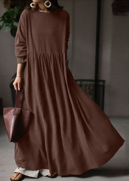 Plus Size Beige O Neck Wrinkled Patchwork Cotton Maxi Dress Spring LC0436