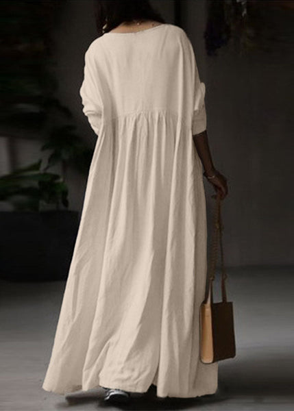 Plus Size Beige O Neck Wrinkled Patchwork Cotton Maxi Dress Spring LC0436