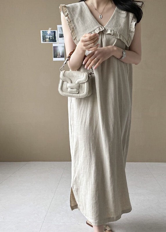 Plus Size Beige Oversized Ruffled Side Open Linen Maxi Dress Sleeveless LY1323