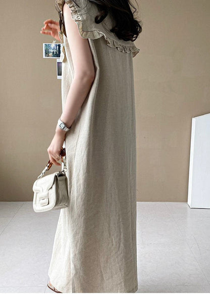 Plus Size Beige Oversized Ruffled Side Open Linen Maxi Dress Sleeveless LY1323