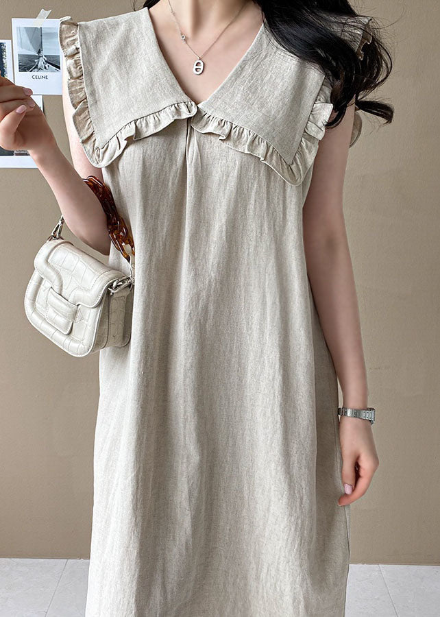 Plus Size Beige Oversized Ruffled Side Open Linen Maxi Dress Sleeveless LY1323