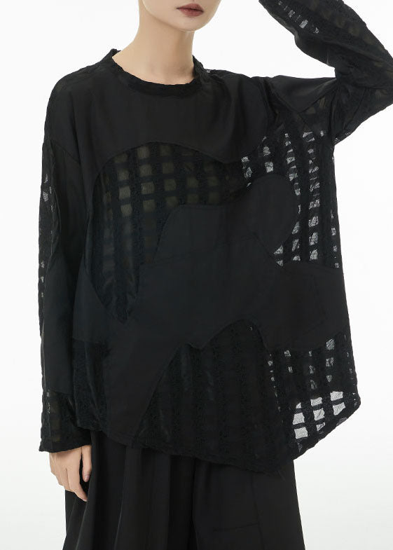 Plus Size Black Asymmetrical Patchwork Cotton Top Spring TS1051