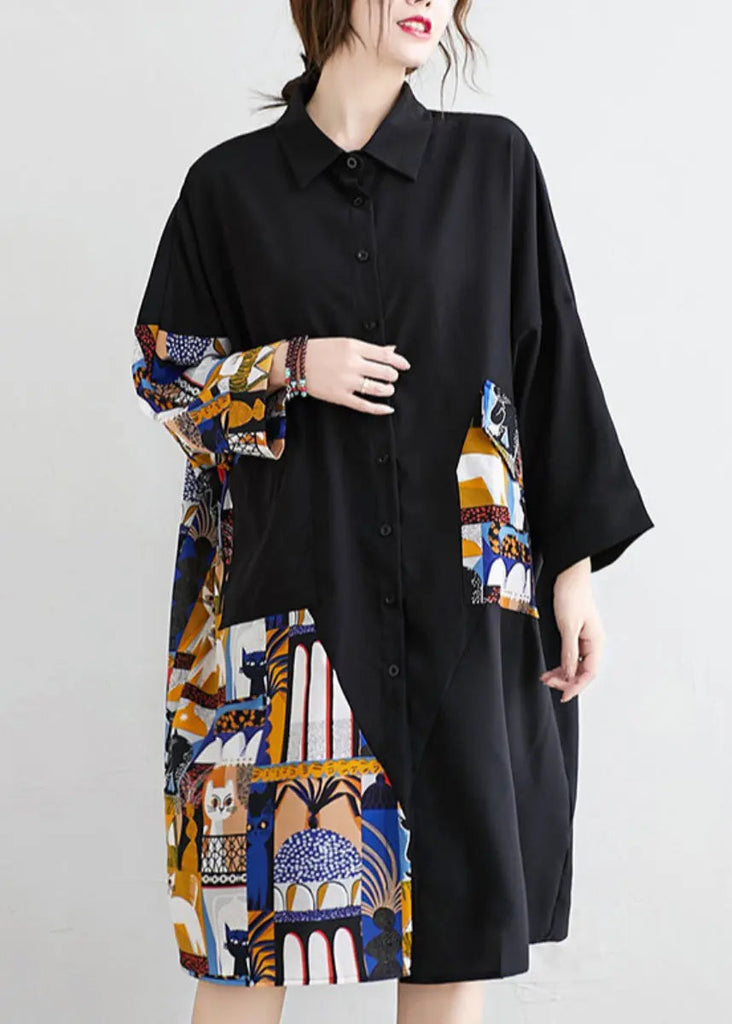 Plus Size Black Button Print Patchwork Cotton Blouses Dress Fall Ada Fashion