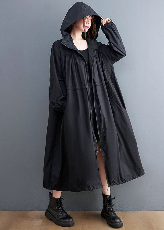 Plus Size Black Hooded Drawstring Cotton Trench Coat Spring AC2003