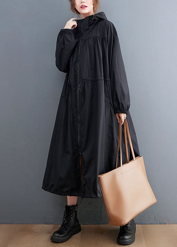 Plus Size Black Hooded Drawstring Cotton Trench Coat Spring AC2003