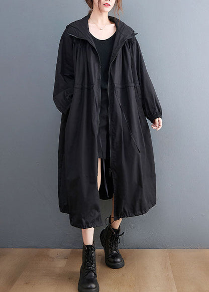 Plus Size Black Hooded Drawstring Cotton Trench Coat Spring AC2003