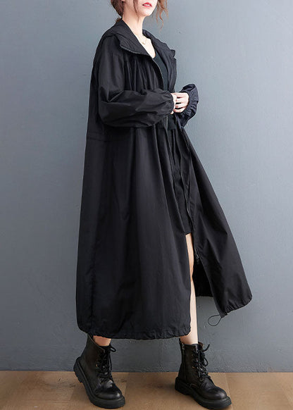 Plus Size Black Hooded Drawstring Cotton Trench Coat Spring AC2003