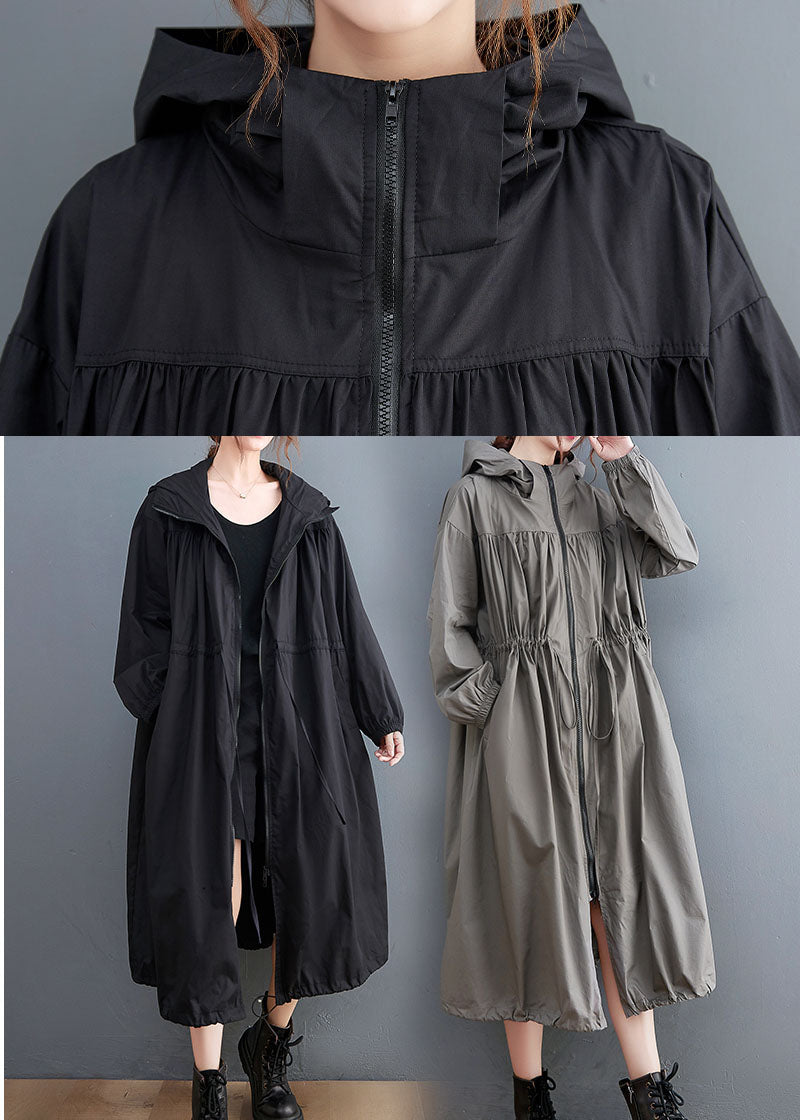 Plus Size Black Hooded Drawstring Cotton Trench Coat Spring AC2003