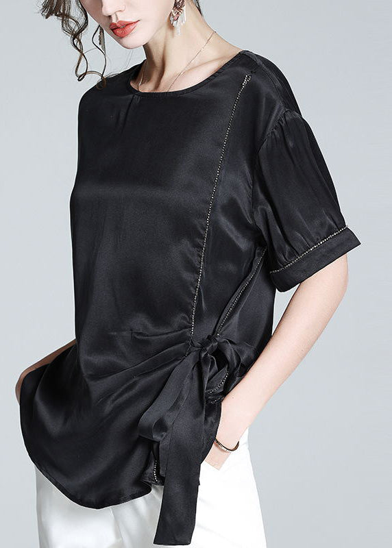 Plus Size Black O-Neck Drawstring Tie Waist Silk T Shirt Summer LY1008