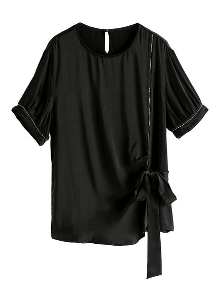 Plus Size Black O-Neck Drawstring Tie Waist Silk T Shirt Summer LY1008