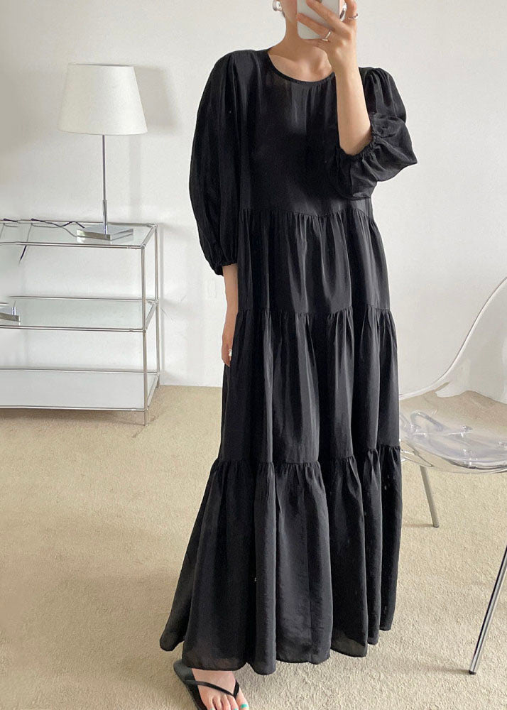 Plus Size Black O-Neck Patchwork Backless Cotton Maxi Dress Bracelet Sleeve LY1327