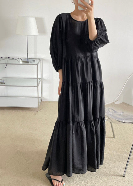 Plus Size Black O-Neck Patchwork Backless Cotton Maxi Dress Bracelet Sleeve LY1327