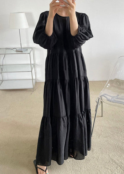 Plus Size Black O-Neck Patchwork Backless Cotton Maxi Dress Bracelet Sleeve LY1327