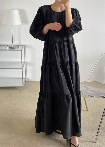 Plus Size Black O-Neck Patchwork Backless Cotton Maxi Dress Bracelet Sleeve LY1327
