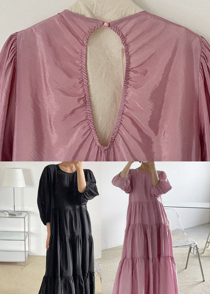 Plus Size Black O-Neck Patchwork Backless Cotton Maxi Dress Bracelet Sleeve LY1327