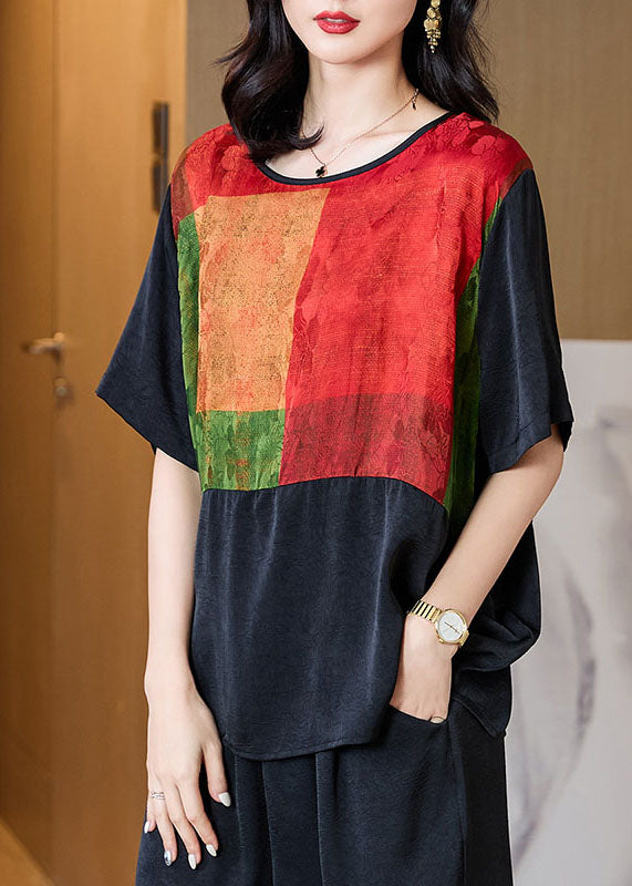 Plus Size Black O Neck Print Patchwork Silk T Shirt Tops Half Sleeve TF1025