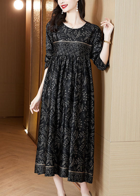 Plus Size Black O-Neck Print Silk Robe Dresses Spring TH1034