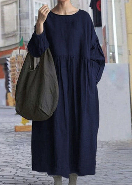 Plus Size Black O Neck Wrinkled Patchwork Cotton Dress Spring LC0447