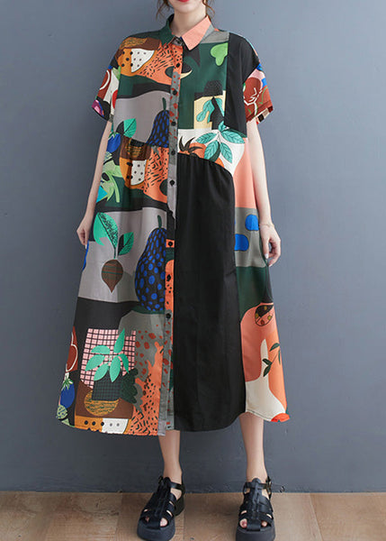 Plus Size Black Peter Pan Collar Print Button Party Long Shirts Dress Short Sleeve AC2053