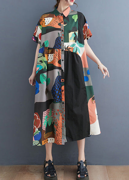 Plus Size Black Peter Pan Collar Print Button Party Long Shirts Dress Short Sleeve AC2053