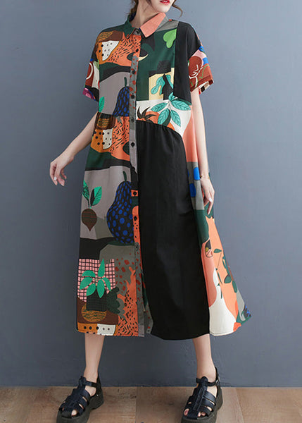 Plus Size Black Peter Pan Collar Print Button Party Long Shirts Dress Short Sleeve AC2053