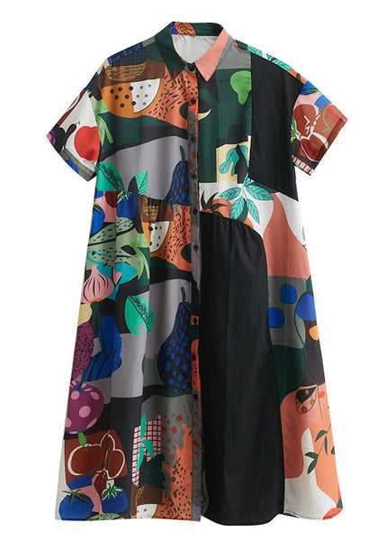 Plus Size Black Peter Pan Collar Print Button Party Long Shirts Dress Short Sleeve AC2053