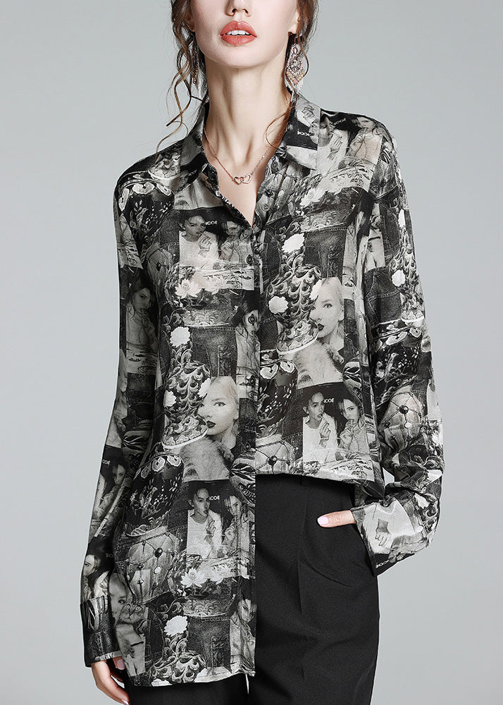 Plus Size Black Peter Pan Collar Print Button Silk Shirt Long Sleeve AC3034