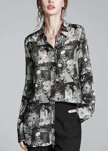 Plus Size Black Peter Pan Collar Print Button Silk Shirt Long Sleeve AC3034