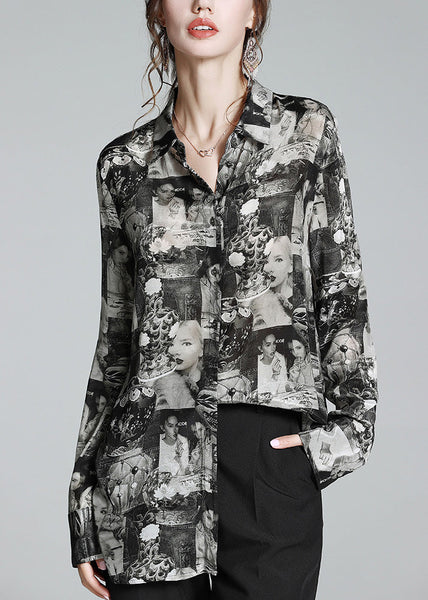 Plus Size Black Peter Pan Collar Print Button Silk Shirt Long Sleeve AC3034