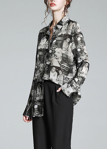 Plus Size Black Peter Pan Collar Print Button Silk Shirt Long Sleeve AC3034