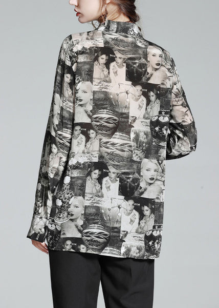 Plus Size Black Peter Pan Collar Print Button Silk Shirt Long Sleeve AC3034