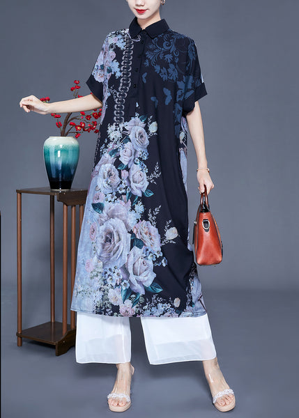 Plus Size Black Peter Pan Collar Print Draping Silk Shirt Dress Summer LY0931