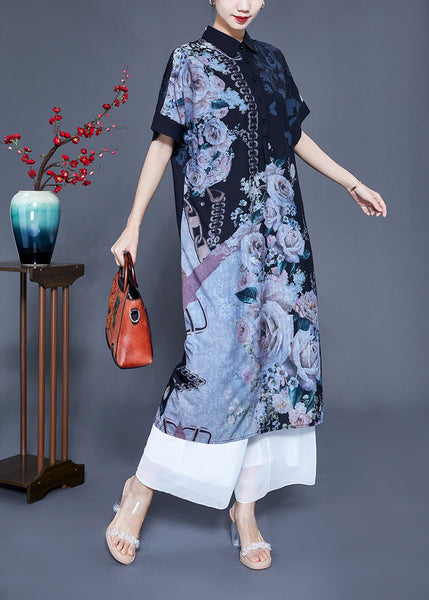 Plus Size Black Peter Pan Collar Print Draping Silk Shirt Dress Summer LY0931